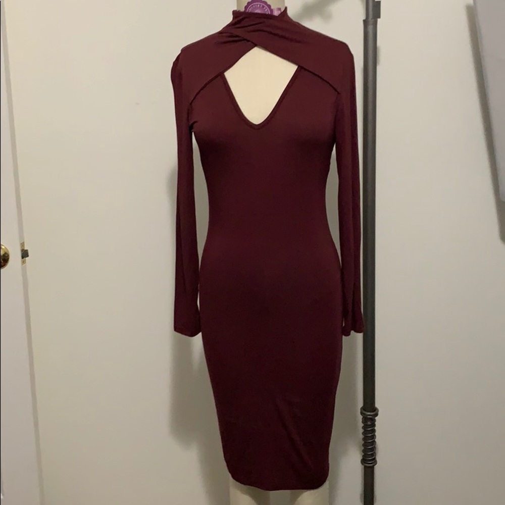 Burgundy Peep Hole Stretchy Midi Dress